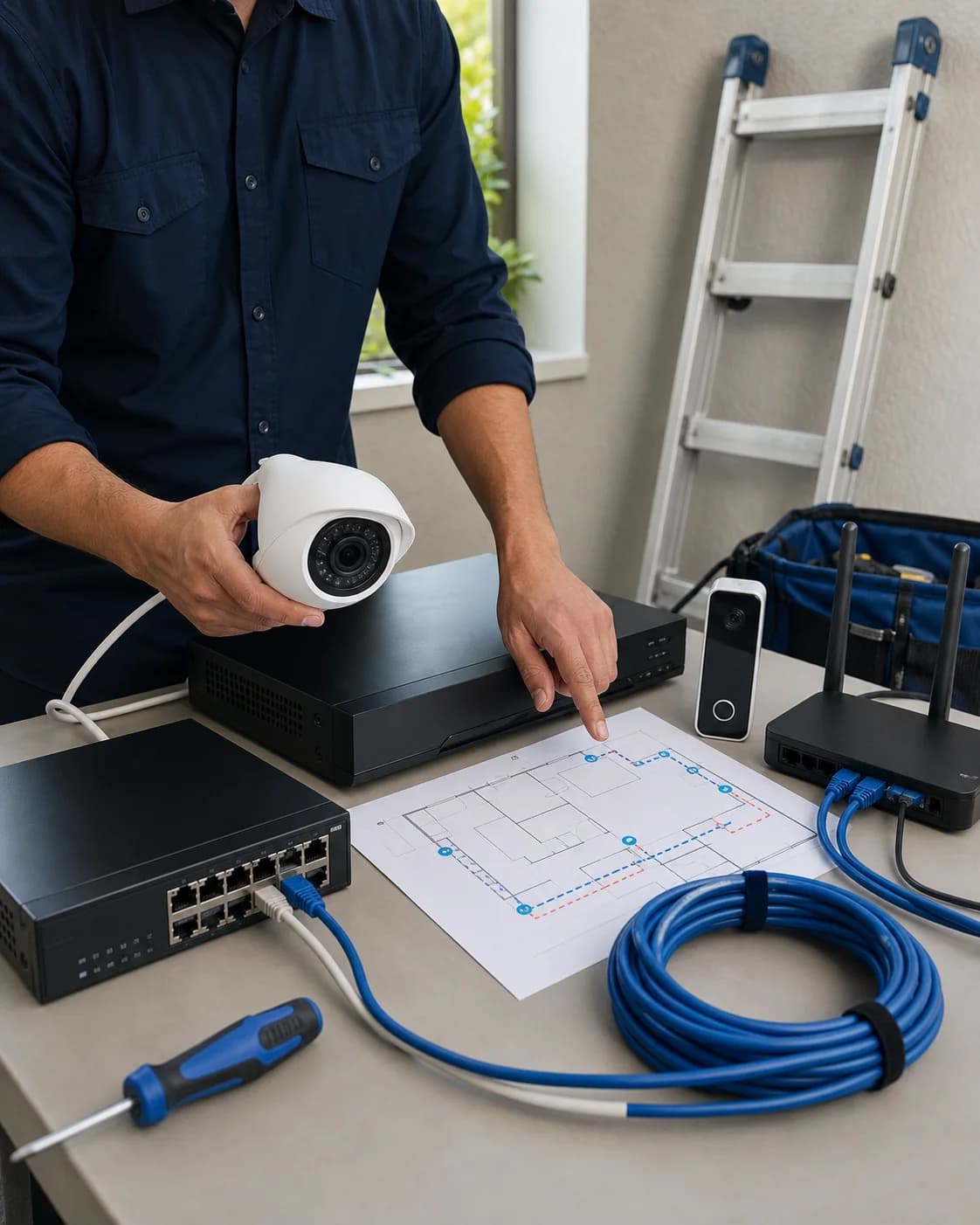 A technician planning a security camera system with a camera, recorder, PoE switch, router, cable, and placement sketch