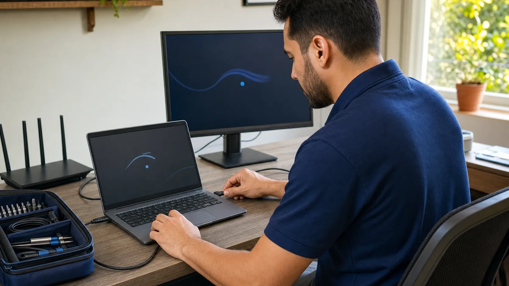 A technician checking power, display, and startup symptoms on a Windows computer