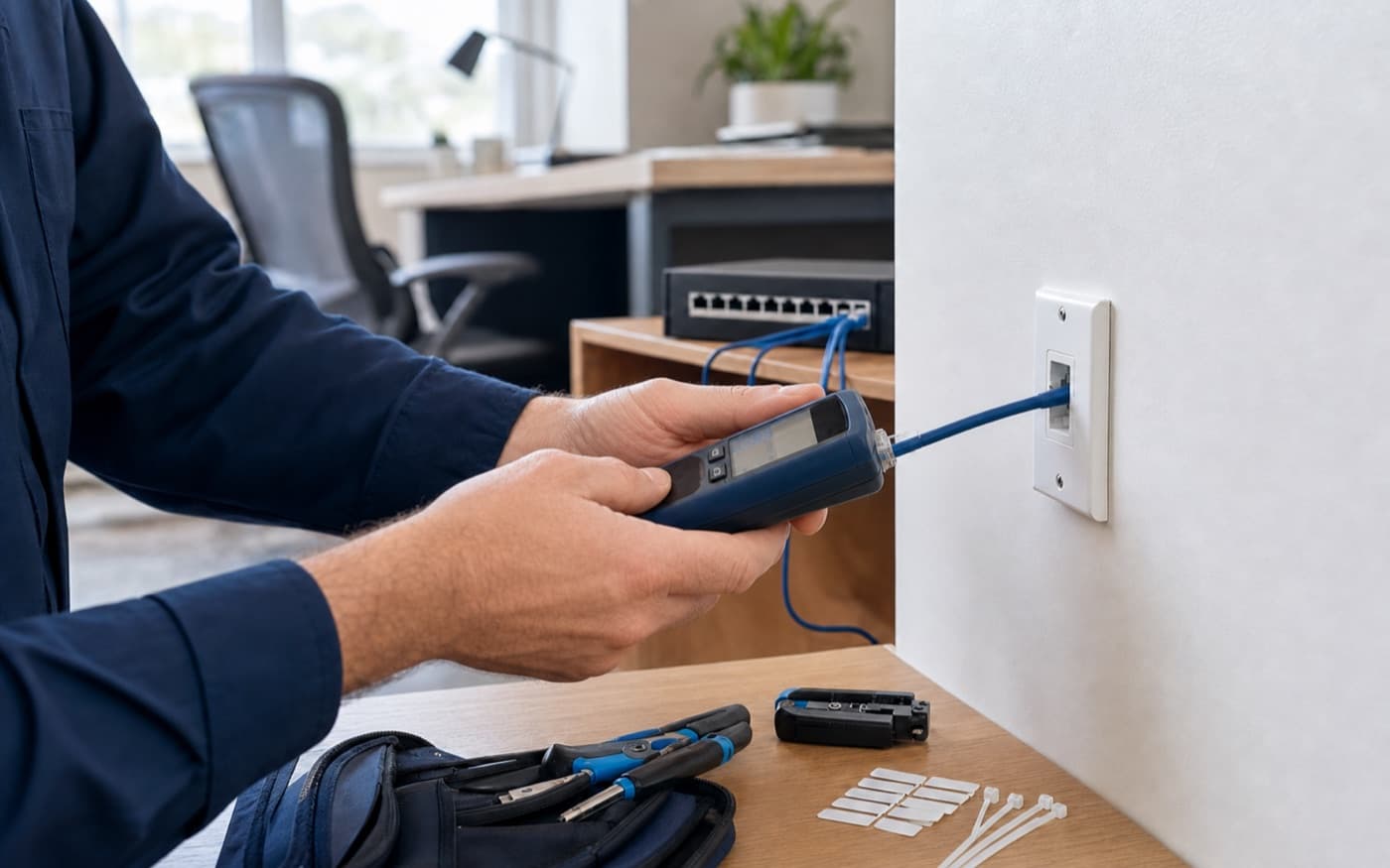 Technician testing an Ethernet wall jack and cable path in a home office