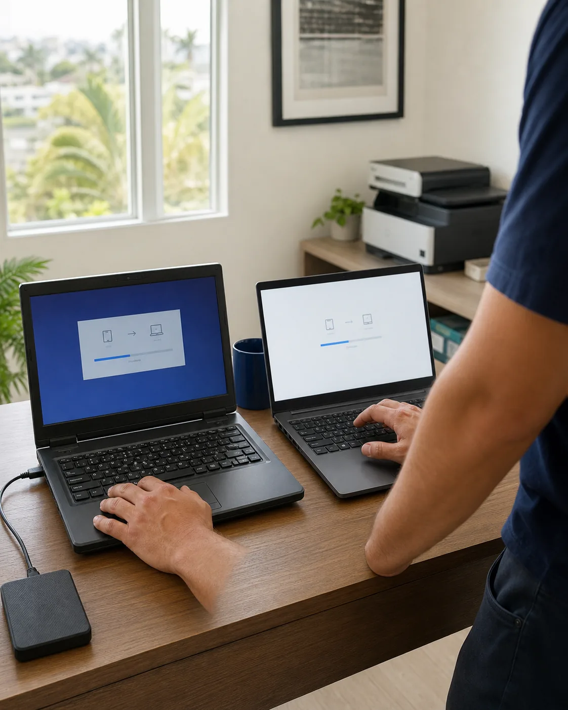 A technician checking an old laptop and a new laptop during a careful data transfer