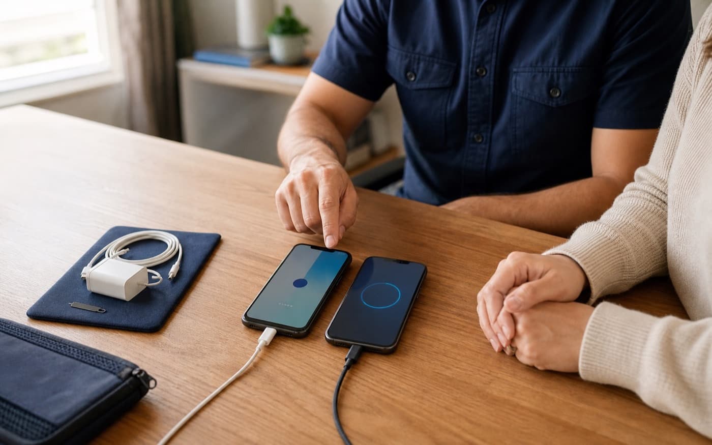 A technician and phone owner verifying a transfer between two smartphones
