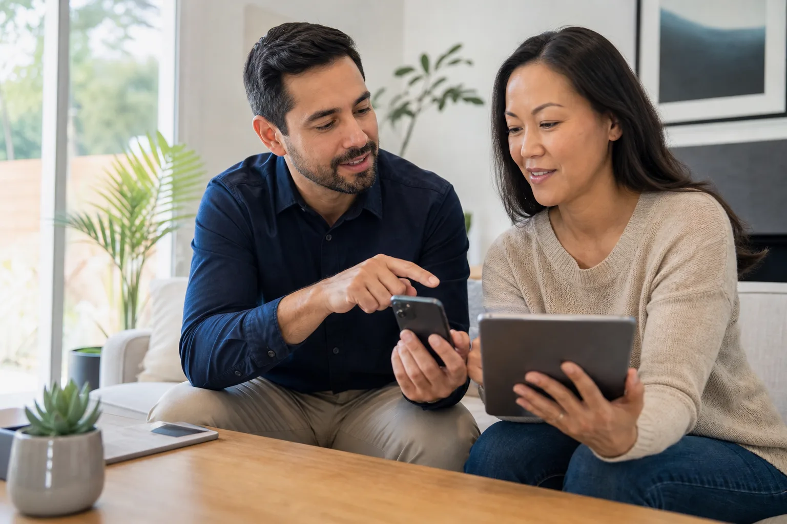 Technician helping an owner configure a phone and tablet at home