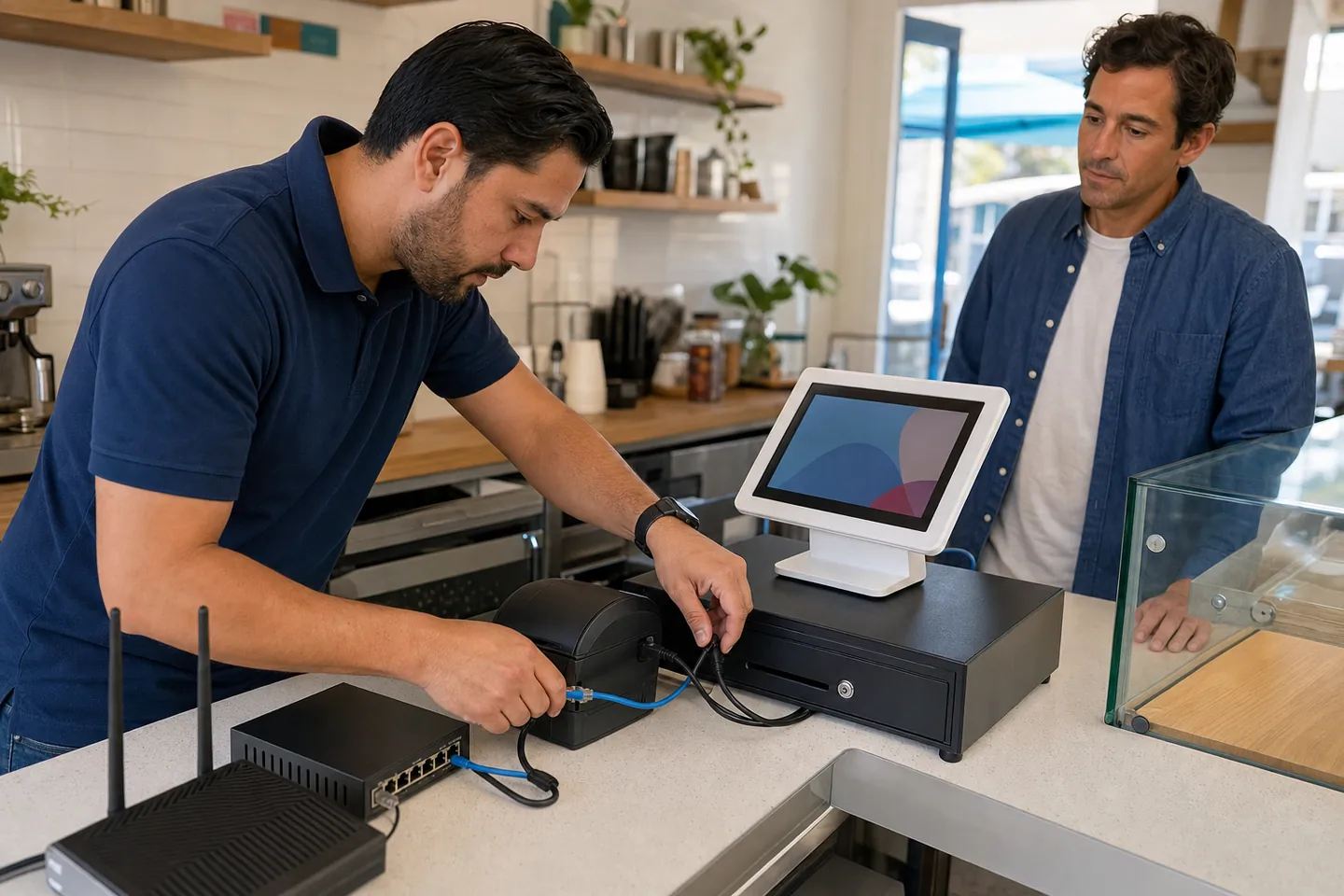 Technician setting up a receipt printer and network switch at a shop counter
