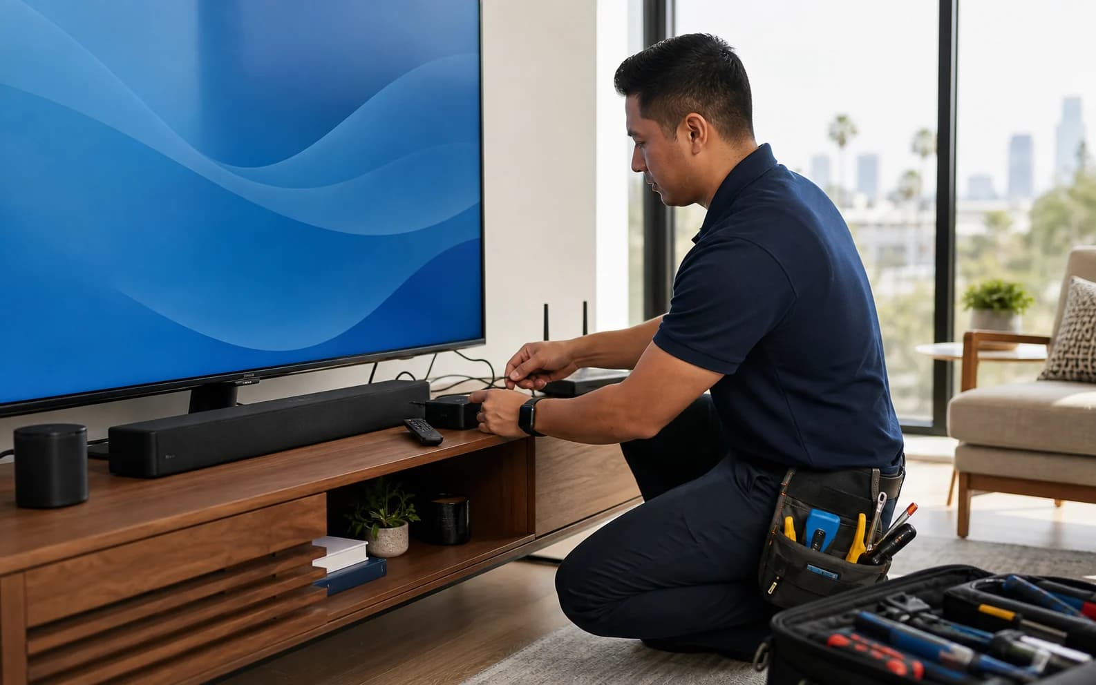 Tech Genie smart TV and streaming setup with a soundbar, remote, and home router