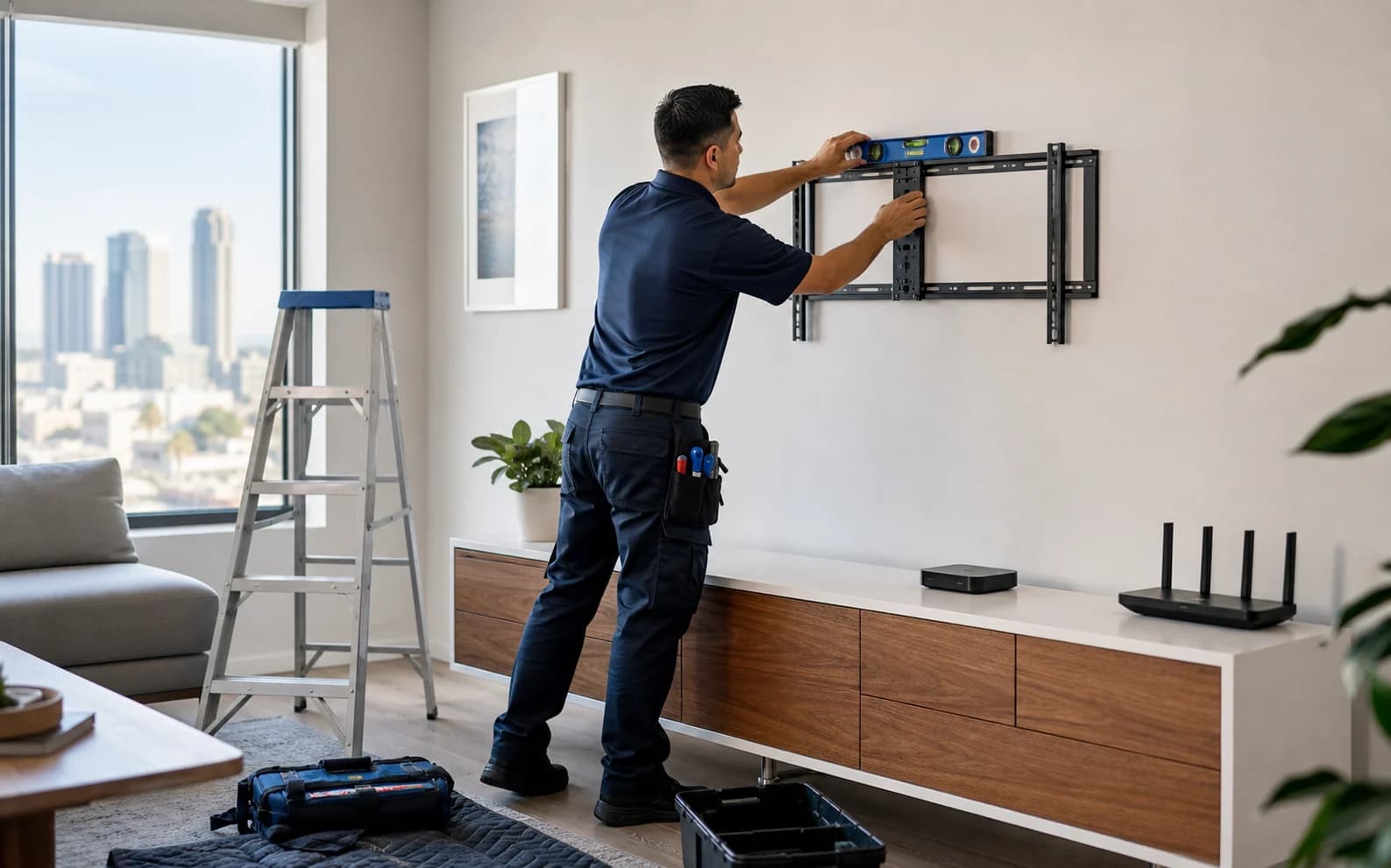 Technician leveling a compatible TV wall-mount bracket