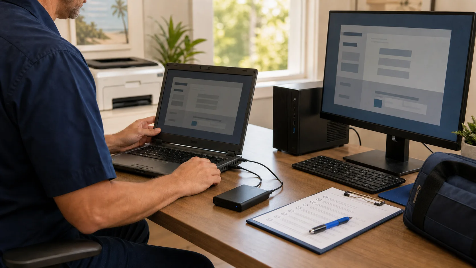 Home-office setup with an older laptop, a newer desktop computer, printer, backup drive, and readiness checklist