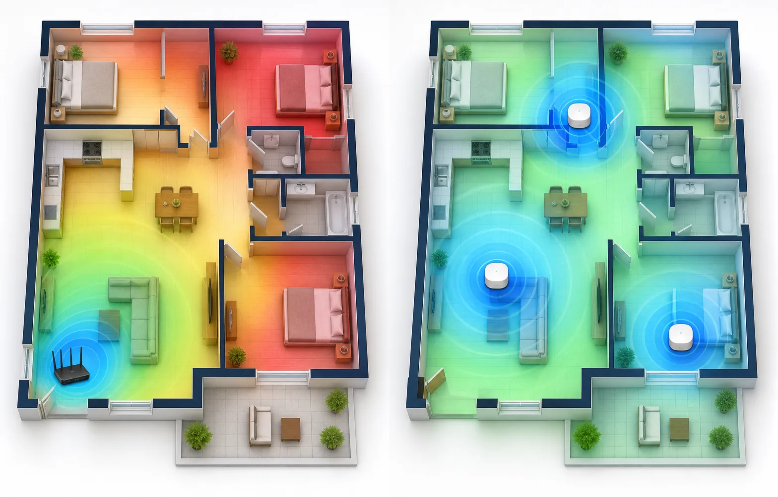 Before-and-after Wi-Fi coverage heatmap for a home floor plan