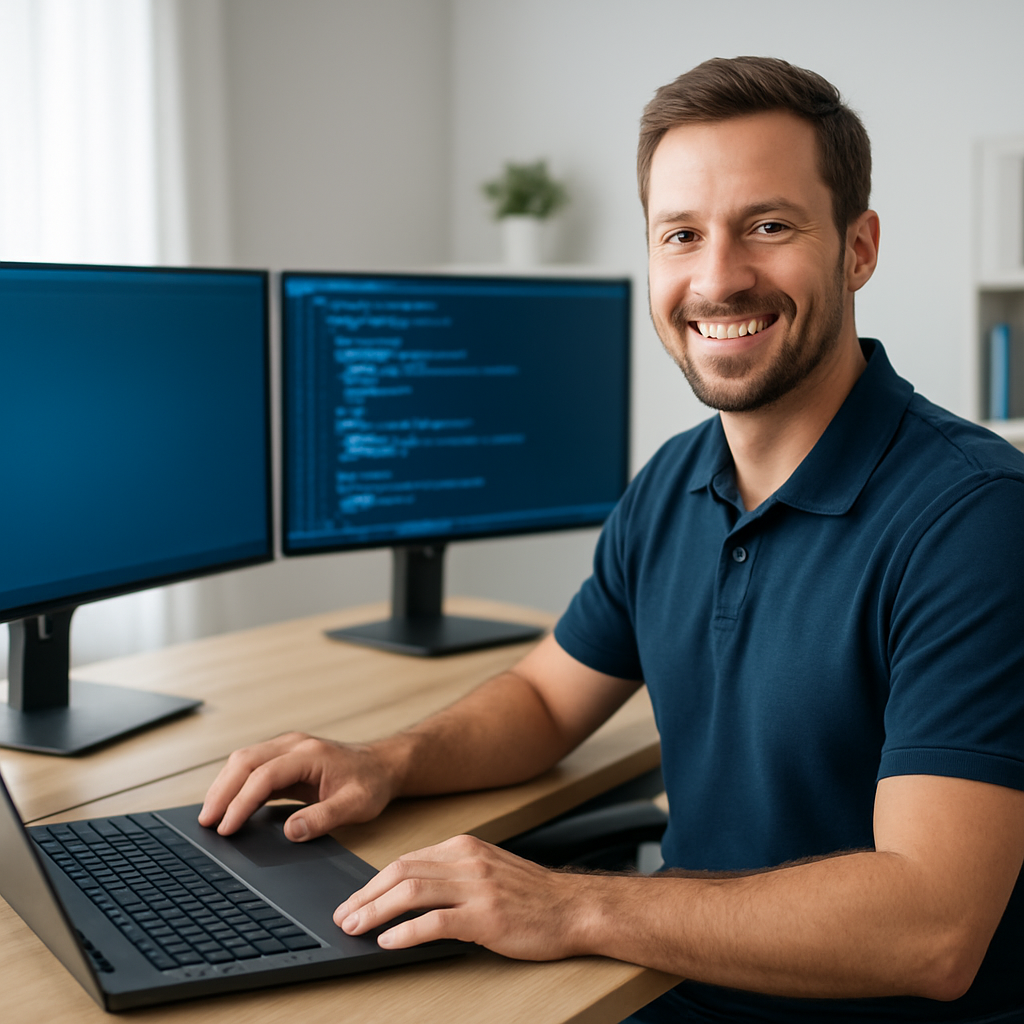 Tech Genie technician working at a desk with monitors and a gaming PC